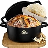 KAISERTAL 26cm Gusseisen Topf Brot Backen + Gärkorb - Eingebrannte Brotbackform mit Deckel - Brottopf zum Backen - Brotbacktopf, Brotbackset, Gusseisentopf Brotbacken, Brot Backen Zubehör, Brotform