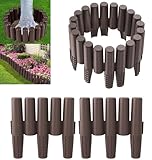 FIVMEN 2,8M Rasenkante Kunststoff Beeteinfassung Neu-Holzpfahl-Type Beetumrandung mit Bodenspieß & Schnalle, Flexible Schneidebar Gartenpalisade, Braun (10er, 28x24cm)