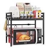 Mointal Verstellbares Mikrowellenregal, 2-Stufig Erweiterbares Küchen Mikrowelle Ständer Regal, Mikrowellenhalter aus Kohlenstoffstahl, Küchenaufbewahrung Organizer mit 8 Haken, Schwarz