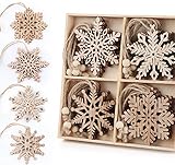 20 Stücke Schneeflocken aus Holz - 4 Designs (5 STK) Christbaumschmuck Anhänger aus naturbelassenem mit Jute Schnur als Weihnachtsschmuck,, Basteln