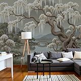 Fototapete Landschaftsmalerei 200×140 Cm - Foto Tapete Schlafzimmer Wohnzimmer Weide Weiße Blumen Und Vögel Design Wandtapete Motivtapeten 3D Effekt Wand Dekoration - Grau