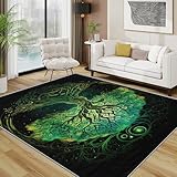 TerroVee Baum des Lebens Teppich Waschbar, Wikinger Grün Bäume Teppich 80x150 cm, Mythologie Yggdrasil rutschfest Waschbar Pflegeleicht Teppiche Für Schlafzimmer Küche, Schwarz Grün