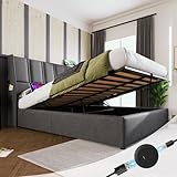 Kayan Polsterbett Stauraumbett Hydraulisch Doppelbett 140x200cm, Bett mit USB und Großer Stauraum, Lattenrost aus Metallrahmen, Boxspringbett Rückenlehne Bettgestell, Leinen (Grau, 140x200cm)