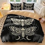 Schwarz-weißes Bettwäsche-Set mit Totenkopf-Motte und Halbmond, bedrucktes Bettbezug-Set, Gothic-Stil, Bettwäsche für urbanen Chic, ultraweich, 3-teilig (02, Einzelbett 135 x 200 cm + 65 x 65 cm x 2)
