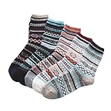 KOMBIUDA 5 Paar Warme Wadenlange Herrensocken aus Mischgarn Atmungsaktive Winter Freizeitsocken mit Retro Ethnischem Muster Komfortabel und Elastisch Geschenkidee