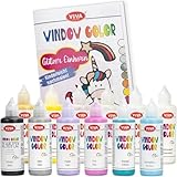 LM-Kreativ Window Color Set Glitzer Einhorn – Tauche ein in eine Welt voller Farben mit 12 x 80ml Window Colour Farben auf Wasserbasis. PLUS Vorlagenheft mit 35 Einhorn-Motiven