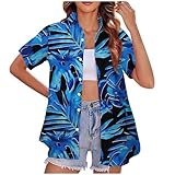 Damen Tops Sommer Tops für Frauen UK Hawaiihemd Strandhemd Kokosnuss Palmendruck Casual T-Shirt Umlegekragen Knopfleiste Sommer Tee Top Klassisch Regular Fit Kurzarm Shirt, blau, XL
