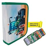 itenga Schüler-Etui 28 teilig gefüllt 1-Zipper Federmäppchen für Jungen und Mädchen (Traktor)