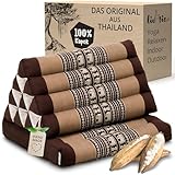 livasia Thaikissen mit 1 Auflage - 75x50x8cm - Dreieckskissen mit Sitzkissen, Keilkissen mit Kapok, Rückenkissen faltbar, Thaimatte zum Klappen, handgefertigt, Meditationskissen (Braun/Elefanten)