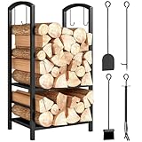 Outsunny Kaminholzregal 5-teiliges Set Kaminholzständer mit 4 Kaminwerkzeug 2 Ebenen Metall Feuerholzablage Brennholzregal Innen Aussen für Kamin & Ofen 40 x 30 x 74,5 cm Schwarz