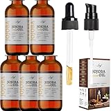 Leyf 5 stück Bio Jojobaöl 100 ml, 100% Rein, Vegan, Körper, Haare, Gesicht, Nägel, Glasflasche + Glaspipette + Pumpe, Feuchtigkeitspflege, Futterspender, Körperöl Straffend