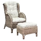 FineHome XXL Relaxsessel Korbsessel Ohrensessel mit Fußhocker aus Rattan, inkl. Polster beige Gartensessel Rattansessel mit Hocker