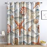 Vorhänge Strand Seestern Muscheln, Vorhang Blickdicht mit Ösen, Verdunklungsvorhänge Thermovorhang Fenster Gardinen Schlafzimmer Wohnzimmer, Blackout Curtain, 2er Set H 200 x B 140 cm - Q&476