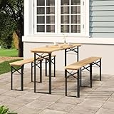 JHQHSM Klappbares Biertisch-Set aus Massivholz Tanne mit Metallgestell für Camping und Garten, 3-TLG. Faltbarer Outdoor-Tisch inklusive Bänke, Robustes Holz für Picknick und Grillen.