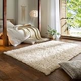Taracarpet Teppich Wollteppich Flokati Diana aus Schurwolle, Schafwollteppich Hochflor Langflor fürs Wohnzimmer Schlafzimmer Esszimmer Weiss beige Creme 070x140 cm