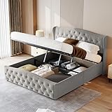 DGCZYXGL Doppelbett, gepolstert, 160 x 200 cm, hydraulisches Bett mit Stauraum, für Erwachsene und Jugendliche mit Lattenrost, Wellenoptik, ohne Matratze, Samt, Grau