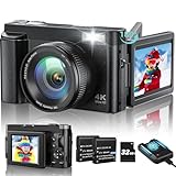 4K Digitalkamera 48MP Kompaktkamera Fotokamera Autofokus mit 180° Flip-Bildschirm,16X Digital Zoom Kompaktkamera Fotoapparat mit 32GB Karte,2 Batterien für Anfänger