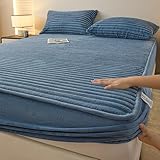 HAIBA Plüsch Spannbettlaken 150 x 200 cm Blau Frottee Matratzenbezug Winter Warm Flanell Fleece Cashmere Touch Spannbetttuch Kuschelig Bettlaken für 25 bis 30cm Matraze