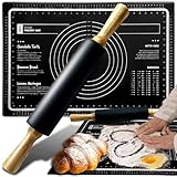 Retoo Silikonmatte Backmatte Backunterlage Silikon mit Messung Antihafte Rutschfeste Ausrollmatte 59,5x40 cm Teigmatte mit einem Nudelholz 38x5 cm für Fondant Pizza Brot Wiederverwendbar Grau
