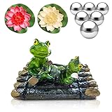 Teich Dekoration, Set Schwimmtier 2 Frösche mit 6 Silber Kugeln und 2 Stücke Lotusblüte als Gartendekoration für Miniteich Springbrunnen Teichbecken (Frösche auf Bambusfloß)