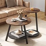 YITAHOME 2er Set Couchtisch Set Rund, Wohnzimmertisch mit Stauraum, Beistelltisch 2er Set Stapelbar mit Holzplatte und Metallrahmen, C-förmiger Beistelltisch, Couch Tisch Wohnzimmer, Rustikales Braun