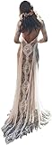 Stilvolles Hochzeitskleid, Vintage-Spitze, rückenfrei, Boho-Strand, stilvolle Brautkleider, langärmelig, nacktes Futter, böhmische Land-Brautkleider, Weiß, 34