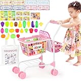 deAO Kinder Einkaufswagen Spielset, 47 Stück Lebensmittel Spielzeug Einkaufswagen, Supermarkt Kinder Wagen für Lebensmittel, Rollenspiel Spielküche Zubehör, Pädagogisches Geschenk, 55x30x51cm, Rosa