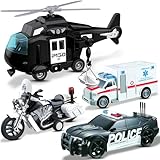 Spielset mit 4 Polizeifahrzeugen für Kinder im Alter von 3–9 Jahren, inklusive Polizeiauto, Hubschrauber, Motorrad, Spielzeug-Krankenwagen mit Lichtern und realistischen Geräuschen,