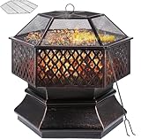 Feuerschale, Feuerschale mit Funkenschutz, Feuerschalen für den Garten, Feuerkorb mit Grillrost,Sechseckige Feuerstelle Outdoor mit Schürhaken Kohlerost, Solide und Stabil, 71*71*63 cm für Heizung/BBQ