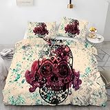 BSYYZQC Bettwäsche 200x200 RosenblüTe Bettbezug Skeleton Bettwäsche-Sets Mikrofaser, 1 Bettbezüge und 2 Kissenbezüge 80x80 cm, Bettwaesche 3 Teilig Mit ReißVerschluss