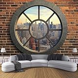 Wandtapete New York Stadt Skyline Fototapeten 250×175cm(W×H) fototapete Rund Fenster Vlies wand wandbild 3D modern ohne Klebstoffrückseite, ideal für Wohnzimmerwand