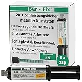 Ber-Fix 2K Hochleistungskleber Extrem starke Verbindung in 30 Minuten Für ABS, GFK, PVC, Stahl, Gusseisen, Holz 25g Spritze, 3 Statikmischspitzen zur präzisen Dosierung