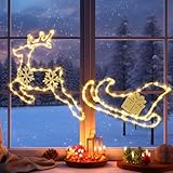 GlobaLink 95LEDS Fensterdeko Rentier mit Schlitten -1M Weihnachtsdeko Innen Warmweiß, Batteriebetrieben Weihnachtsbeleuchtung Außen Weihnachtslichterkette für Fenster Wand Zimmer Terrasse Balkon
