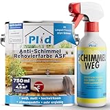 Plid® Anti Schimmel Renovierfarbe ASF 0,75l inkl. Anti-Schimmel Spray - Innen Weiß für alle Wände [DAUERHAFTER SCHIMMELSCHUTZ] - Farbe für feuchte Räume, Bad & Küche - Effektiver Schutz