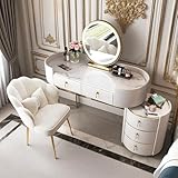 Generisch Weiß/Grau Frisierkommode mit Licht Spiegel, Schminktisch Set mit Beleuchtung Frisiertisch Schubladen und Stuhl 80CM/100CM Kosmetiktisch Holz Make up Tisch für Tochter Frau (Weiß B, 100cm)