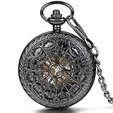 JewelryWe Herren Taschenuhr Retro Spinnennetz Design Handaufzug mechanische Kettenuhr Skelett Uhr mit Halskette Kette Umhängeuhr Schwarz