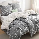 BEDSURE Bettwäsche 135x200 4teilig Bettbezug - Bettwäsche-Sets 135 x 200 cm 2er Set mit 2 Kissenbezüge 80x80cm, ÖKO-TEX Wendebettwäsche Bedding Zweige Grau Muster mit Reißverschluss