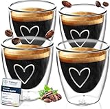 ElbFuchs® Espressotassen Set HERZ [4x 80ml] Doppelwandige Espresso Gläser Set | Thermogläser doppelwandig | Ausgefallene Espressotassen Glas ohne Henkel für alle Espressomaschinen