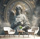 Fototapete Elegante 3D-Engelsstatue 350X256Cm - Seidentapete - Creme Wandtapete - Vintage-Uhr Art Fototapete - Wand - Wandbilder Schlafzimmer Wohnzimmer Bildtapete Foto Tapete