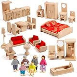 KABENFIS 39PCS 5 Set Puppenhaus Möbel Zubehör mit Einer Familie von 6 Puppen Dekoration Rollenspiel Spielzeug für Mädchen Jungen