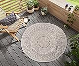 Northrugs Porto In- und Outdoor Teppich Rund – Runder Wendeteppich Wasserfest Mandala Design Flachgewebe Teppich Wetterfest für Balkon, Terrasse, Garten, Wohnzimmer in Linen, ⌀100cm