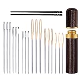 Leder Nähen Nadeln Set, 6 Größen Hand Nähen Nadeln, Große Augen Nadeln mit 2 Stücke Doppelloch Lederschnürnadel und Nadelflasche für Leder Nähen Hand Nähen DIY