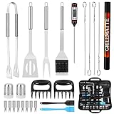 25 Stücke BBQ Grillbesteck Set Edelstahl Grillzubehör für Männer Geschenk Geburtstag Hochwertiger Grillutensilien Set Koffer mit Grillkoffer und Grillmatte für Garten und Camping, Silber