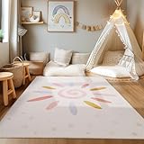 HomebyHome Kurzflor Kinderteppich für Jungen und Mädchen 140 x 200 cm Creme Sonnen und Stern Design - Waschbarer Teppich Extra Weich und Antiallergen - Teppich Kinderzimmer, Babyzimmer und Spielzimmer