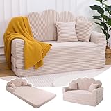 IRONCK Schlafsofa 2-Sitzer Sofa mit Schlaffunktion Boneless Sofa Bed aus Cord & Schaum, Sofabett 153x267cm, Klappbar Schlafcouch, 2 Kissen & Seitentaschen, Bettsofa für Wohnzimmer Schlafzimmer, Beige