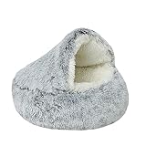 Freyamy Hundebett Katzenbett Rund Halb Geschlossener mit Kapuze Kleine Hunde und Katzen Haustierbett Waschbar rutschfest Hundebetten Lang Plüsch Verdicktes Warmes Hundekorb Farbverlauf Grau Ø40CM