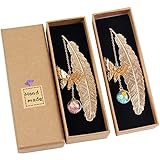 2PCS Metall Feder Lesezeichen mit Elegant Schmetterling und Glasperlen Ewige trockene Blume Anhänger Ideales Geschenk für Erwachsene Kinder und Studenten