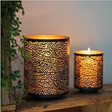 ZEYA Windlicht schwarz Gold Metall, 2er Set, 20 + 15 cm hoch, orientalische Kerzenhalter für Stumpenkerzen, großes Mandala Windlicht, Laterne Zylinder als Tischdeko Wohnzimmer, Präsent zu Weihnachten