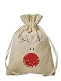 6 Weihnachtsbeutel Rudolph - Rentier mit roter Nase - natürliche Baumwolle - (30x20 cm)