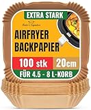 Airfryer Backpapier 100 Stück - 20-24 cm - Ungebleichte, Antihaft, Wasserdicht, Ölfest Backpapier für Heißluftfritteuse für 4,5L-8L Körbe heißluftfritteuse, Ideal für Ofen, Pfannen und Backen